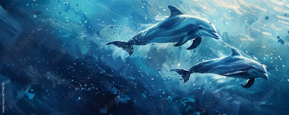 Two dolphins swimming gracefully underwater in the ocean, surrounded by bubbles and illuminated by blue light. Two dolphins swimming gracefully underwater in the ocean, surrounded by bubbles and illuminated by blue light.