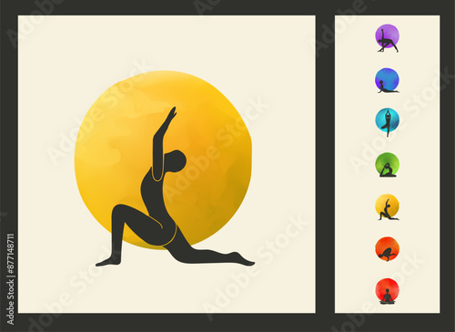 Vertical vector poster, featuring 7 yoga asanas - poses drawn in silhouettes against colorful rainbow circular backgrounds symbolizing connections to chakras. Nice as clip art or interior banner.