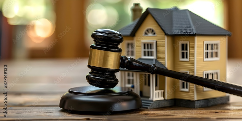 Closeup image of a gavel on a miniature house model table. Concept Miniature House, Gavel, Closeup Shot, Legal Concept, Symbolic Image Closeup image of a gavel on a miniature house model table. Concept Miniature House, Gavel, Closeup Shot, Legal Concept, Symbolic Image