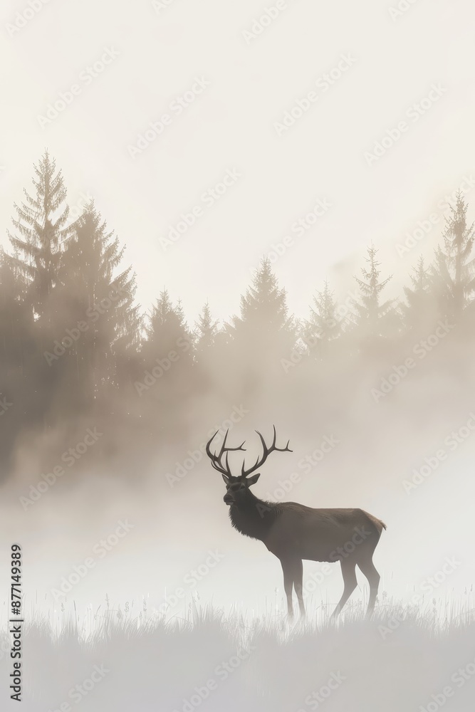 A deer, antlers adorned, stands in the foggy field before a row of pine trees on a foggy day A deer, antlers adorned, stands in the foggy field before a row of pine trees on a foggy day