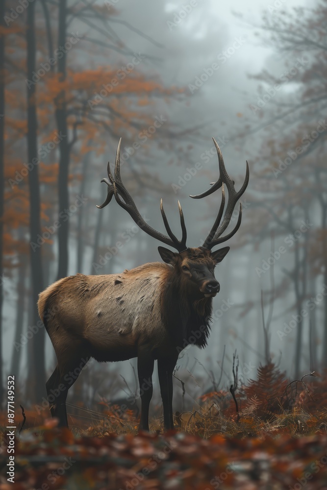 A sizable elk poses in the heart of a dense forest, surrounded by numerous trees and foliage A sizable elk poses in the heart of a dense forest, surrounded by numerous trees and foliage