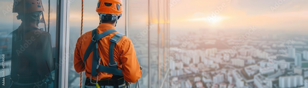 A construction worker rappelling down a skyscraper A construction worker rappelling down a skyscraper