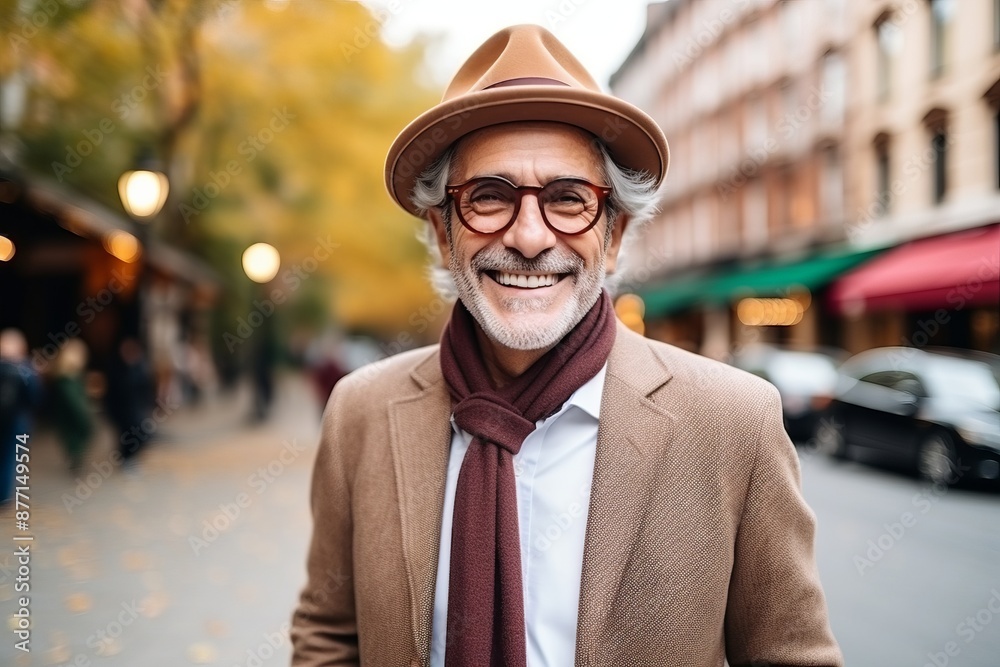 portrait of senior man with hat and coat walking on city street portrait of senior man with hat and coat walking on city street