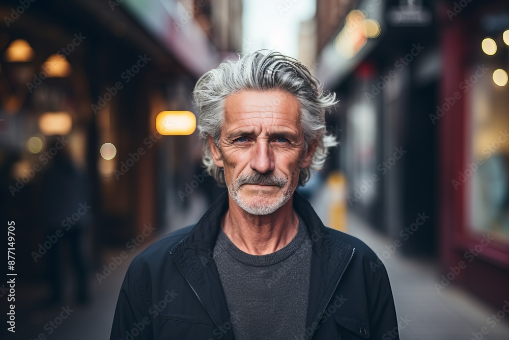 Fototapeta premium Portrait of a senior man with grey hair in the city.
