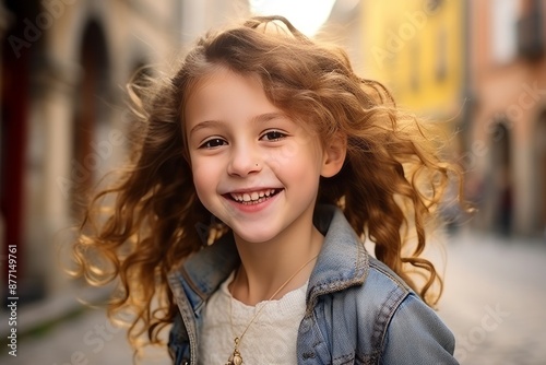 Portrait of a cute little girl with long curly hair in the city