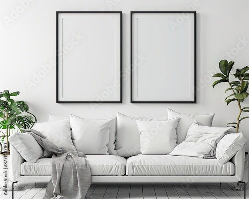 2 simple modern picture frames side by side in the same size on a white wall, hyper realistic, over a white couch, stylish living room