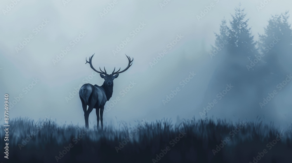 Obraz premium Deer in field, amidst tall grass and trees, foggy backdrop