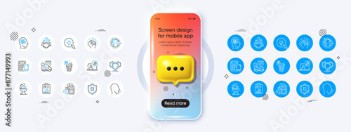 Phone mockup with 3d chat icon. Report, Energy and Music line icons. Pack of Empower, Shields, Reject protection icon. Delivery, Calculator alarm, Ice maker pictogram. Cough, Grill, Deal. Vector