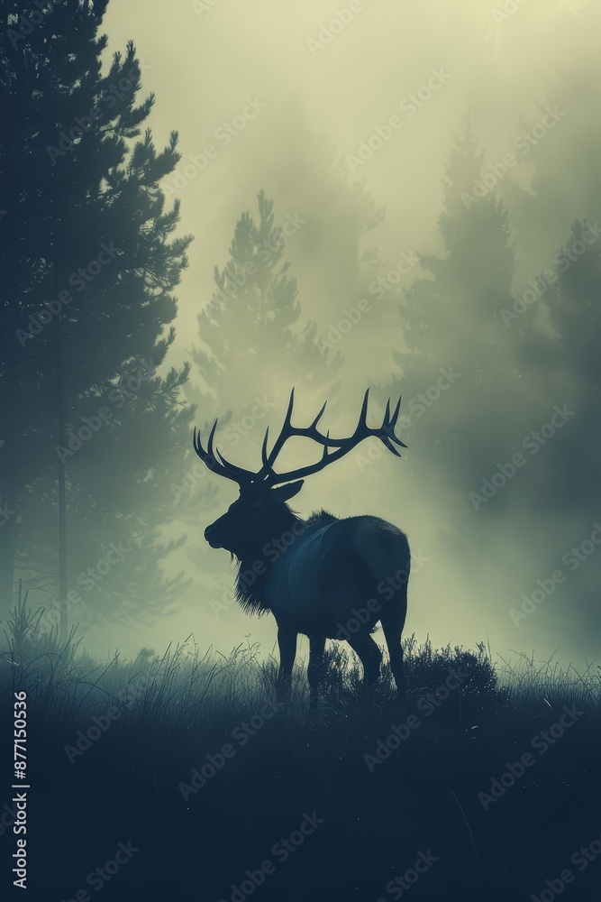  A large elk atop a grassy field, adjacent to a forest teeming with tall trees