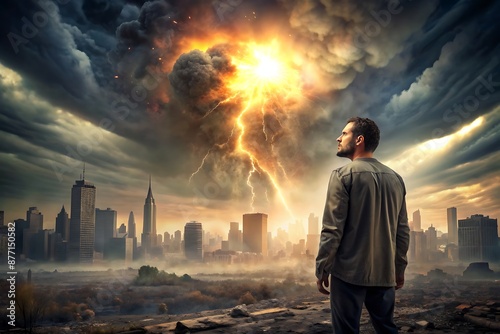 Man Looking at Cityscape with Lightning Storm