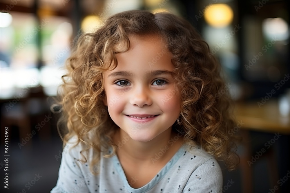 Portrait of cute little girl with curly hair looking at camera in cafe Portrait of cute little girl with curly hair looking at camera in cafe