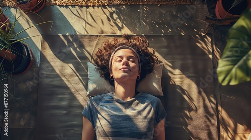Woman relaxing on the floor surrounded by indoor plants, enjoying sunlight and tranquility. Calm, peaceful, and serene indoor setting.