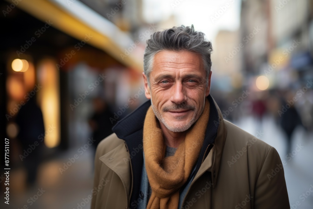 Handsome middle aged man with coat and scarf in the city Handsome middle aged man with coat and scarf in the city