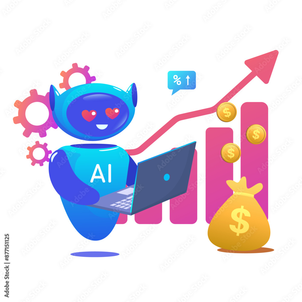improving sales using an AI robot. Robot AI with hearts in eyes. Trading bot Stock trading concept Artificial intelligence dollar bag Abstract background improving sales using an AI robot. Robot AI with hearts in eyes. Trading bot Stock trading concept Artificial intelligence dollar bag Abstract background
