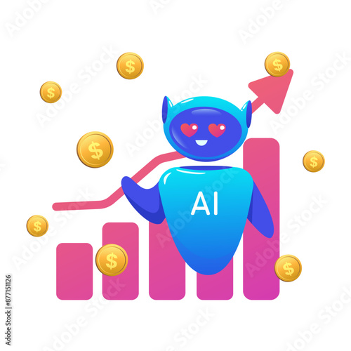 improving sales using an AI robot. Robot AI with hearts in eyes. Trading bot Stock trading concept Artificial intelligence dollar bag Abstract background