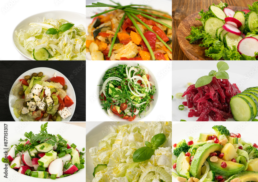 Salad collage mix, restaurant menu with various salats collection, different healthy food, diet set Salad collage mix, restaurant menu with various salats collection, different healthy food, diet set
