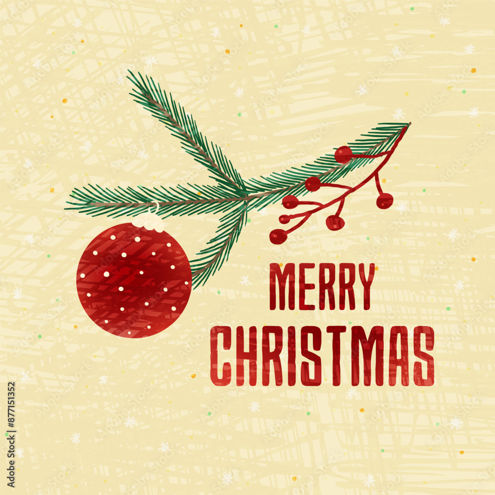 Fototapeta premium An artistically made holiday card showing a pine branch with red berries, adorned with a red Christmas ball ornament. Merry Christmas text appears below on a beige background with subtle snowflakes.
