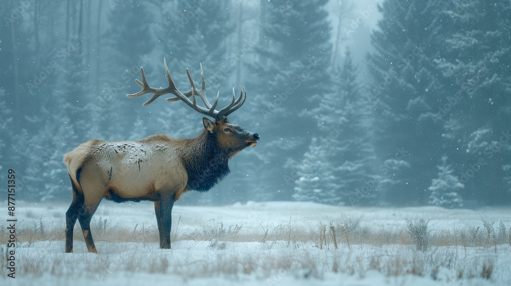 A large elk stoands in a snow-covered field, surrounded by pine trees and dusted with snow A large elk stoands in a snow-covered field, surrounded by pine trees and dusted with snow