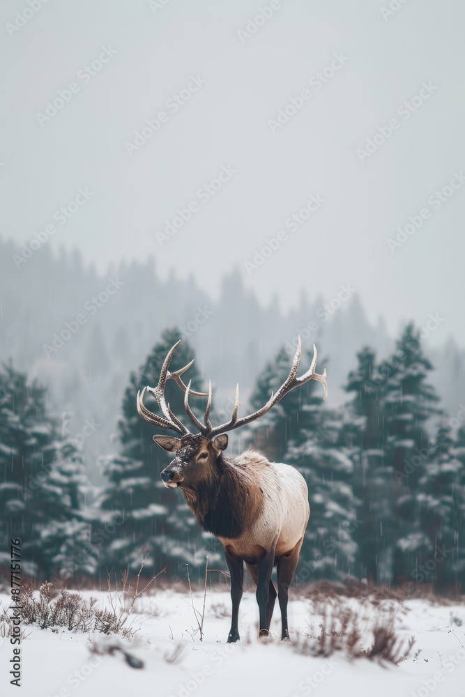 A towering elk silhouetted against snowy backdrop, pine trees shrouded in fog A towering elk silhouetted against snowy backdrop, pine trees shrouded in fog