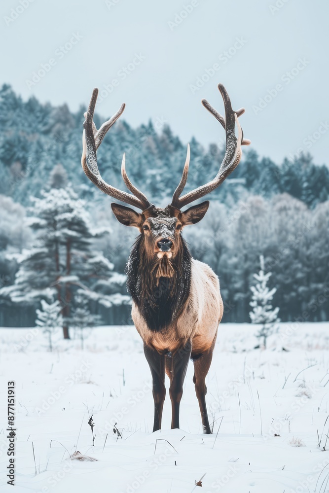 A large elk, its antlers towering above the snow, stands amidst a forest backdrop A large elk, its antlers towering above the snow, stands amidst a forest backdrop