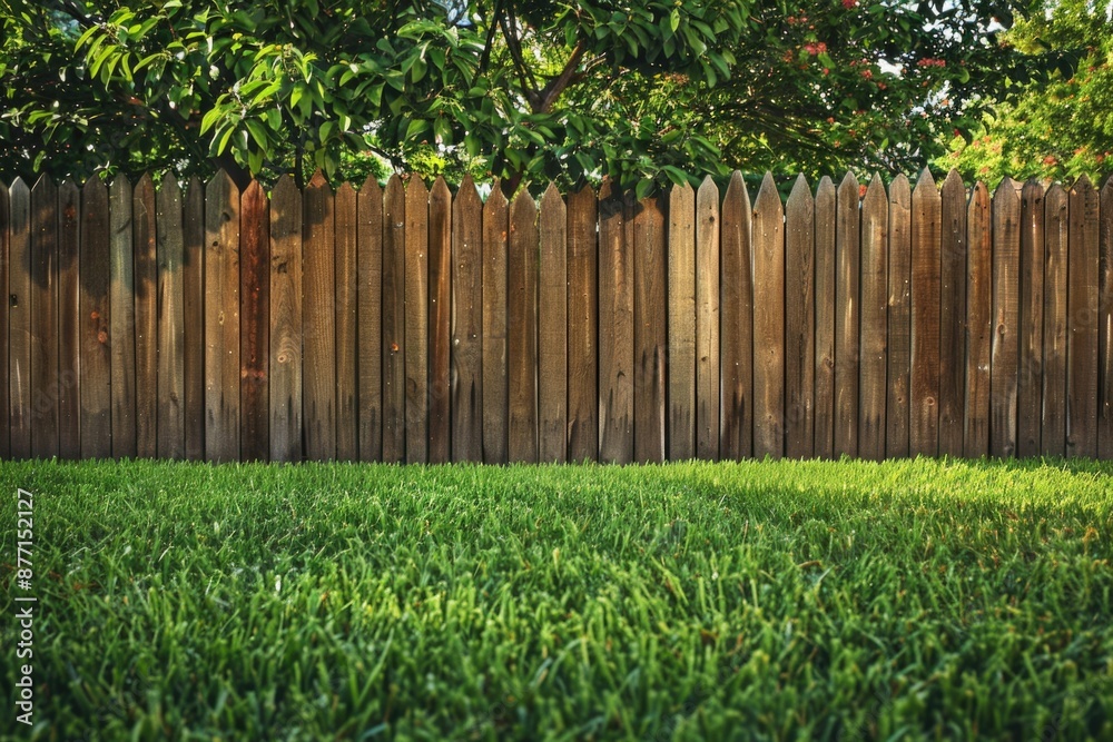 Fototapeta premium Backyard Fence. Wooden Fence in Green Grass Yard on Sunny Summer Day