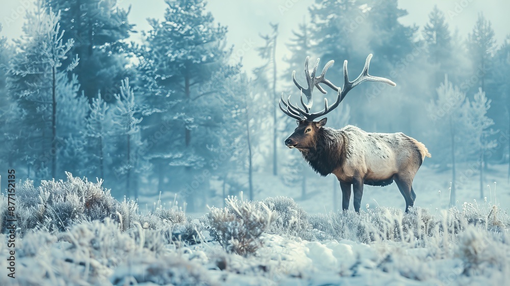 A bull stood amidst a snow-covered field, trees loomed in the background, fog softly veiled the air A bull stood amidst a snow-covered field, trees loomed in the background, fog softly veiled the air