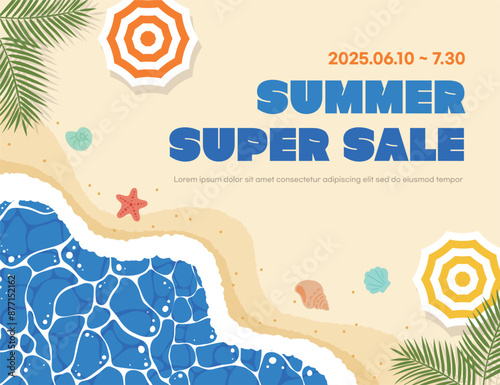 Cute concept summer season sale advertisement banner illustration. 'Summer Sale' typography written on a sea beach sand background with parasols, conches, shells and starfish.
