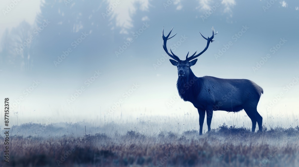 Obraz premium A large elk stands in a foggy field with trees in the background The ground is shrouded in fog