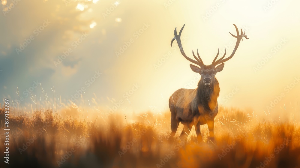 Fototapeta premium A deer, its large antlers silhouetted against the sky, stands in a field of towering grasses Sunlight filters through the clouds behind, casting an golden glow