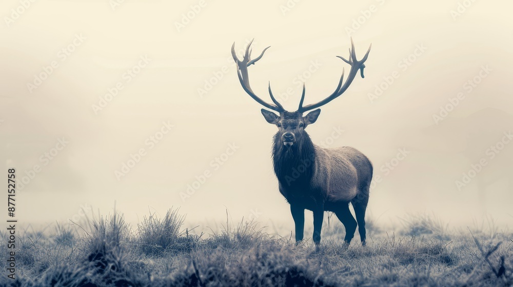 A deer stands in a foggy field with antlers on its head, not on its back A deer stands in a foggy field with antlers on its head, not on its back