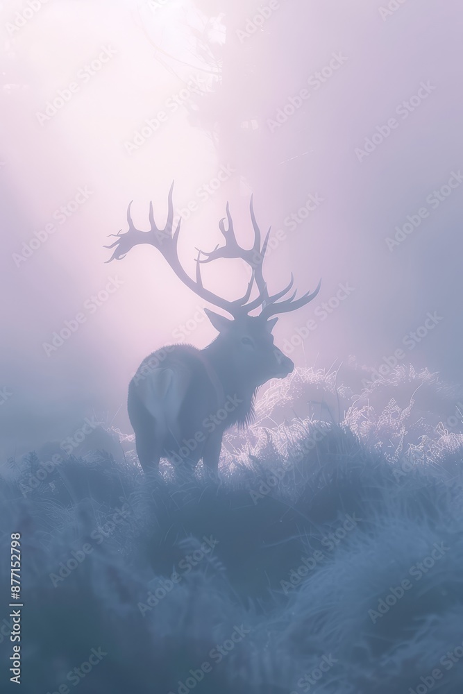 Naklejka premium A deer stands in a foggy field with antlers on its back The deer's large antlers are visible despite the fog