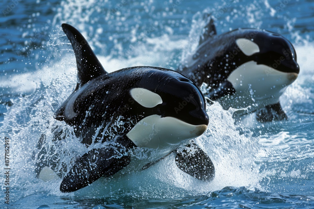 Obraz premium Close up of Killer or Orca Whales breaching the water