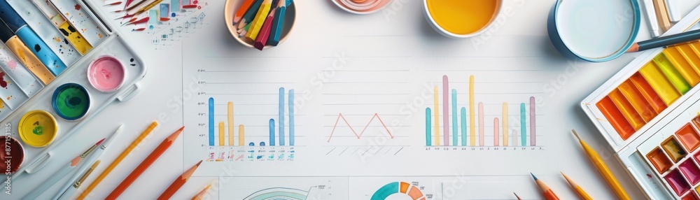 Top view of colorful art supplies surrounding graphs and charts, blending business analysis and creativity in a single workspace. Top view of colorful art supplies surrounding graphs and charts, blending business analysis and creativity in a single workspace.