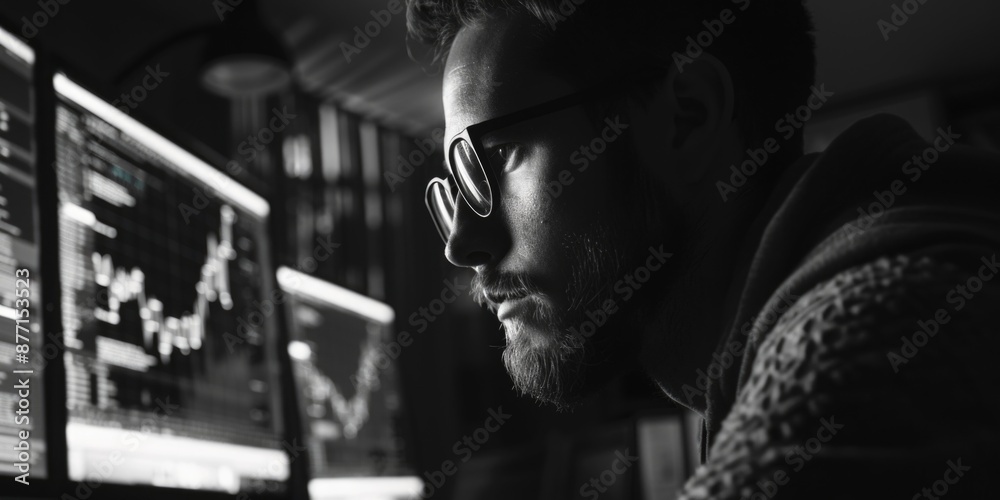 Obraz premium A person with glasses sitting in front of a computer screen, focused on the task