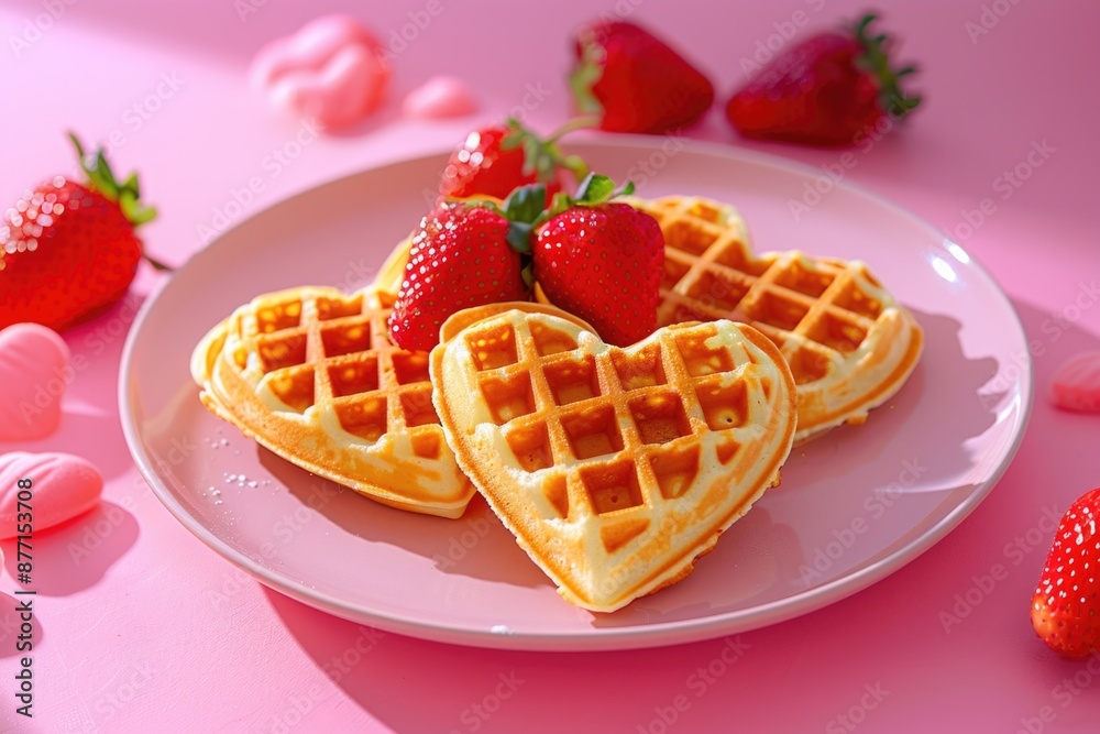 Two heart-shaped waffles served with fresh strawberries, perfect for breakfast or dessert Two heart-shaped waffles served with fresh strawberries, perfect for breakfast or dessert