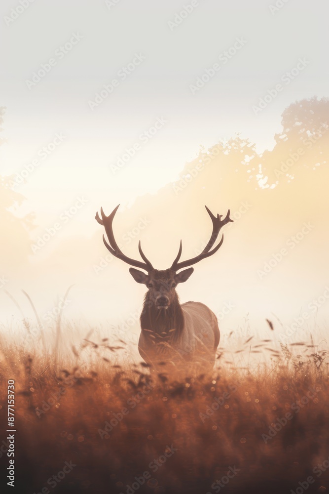 A deer, adorned with antlers, stands in a field of tall grass Sunlight filters through the trees in the background A deer, adorned with antlers, stands in a field of tall grass Sunlight filters through the trees in the background