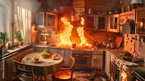 The scene of the kitchen burning down by accident