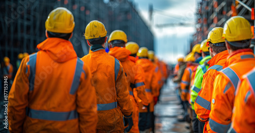 A group of construction workers in orange reflective jackets and helmets standing at a construction site. The workers' backs as they face the ongoing project, emphasizing safety and coordination.