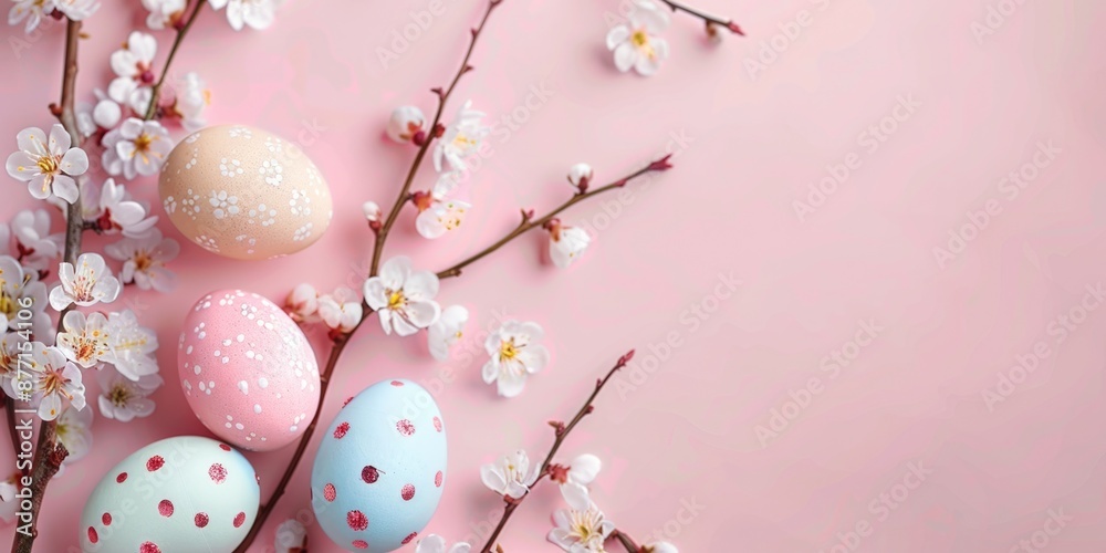 Easter eggs on a pink background surrounded by cherry blossoms Easter eggs on a pink background surrounded by cherry blossoms