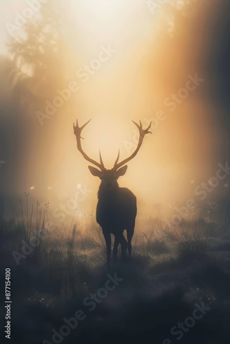  A deer stands in a field, sun illuminating trees behind foggy backdrop © Viktor