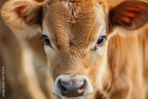 Close-up portrait of a cute baby Boran calf. Grass fed beef cattle.