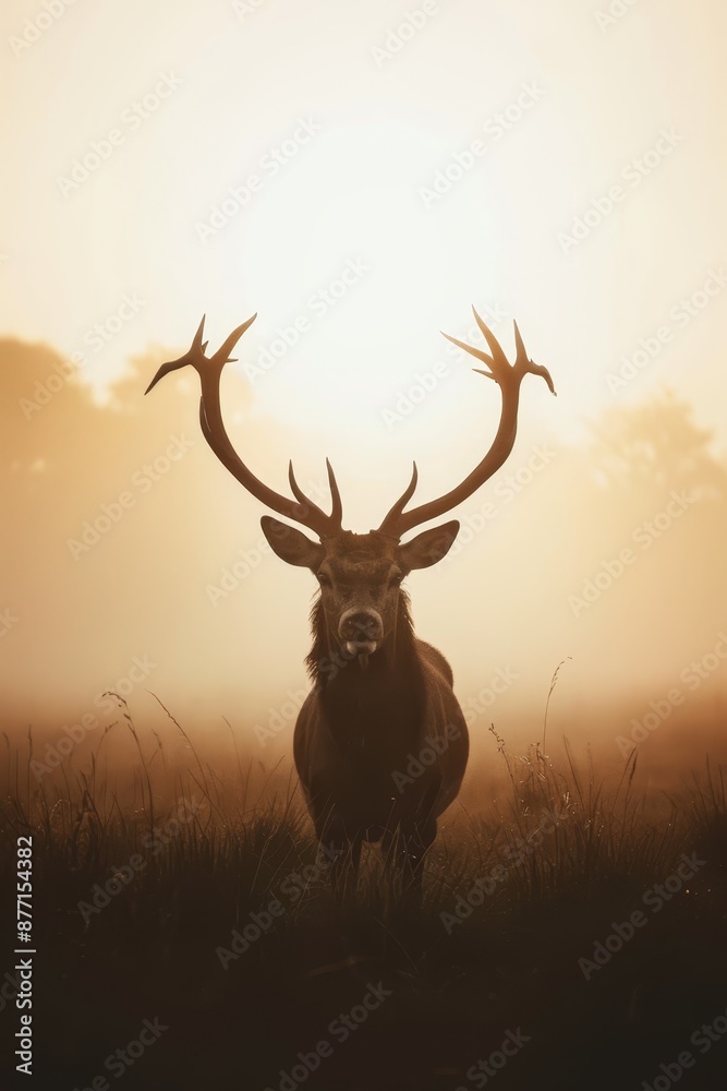 A deer with expansive antlers stands in a sun-lit field, enshrouded by fog A deer with expansive antlers stands in a sun-lit field, enshrouded by fog
