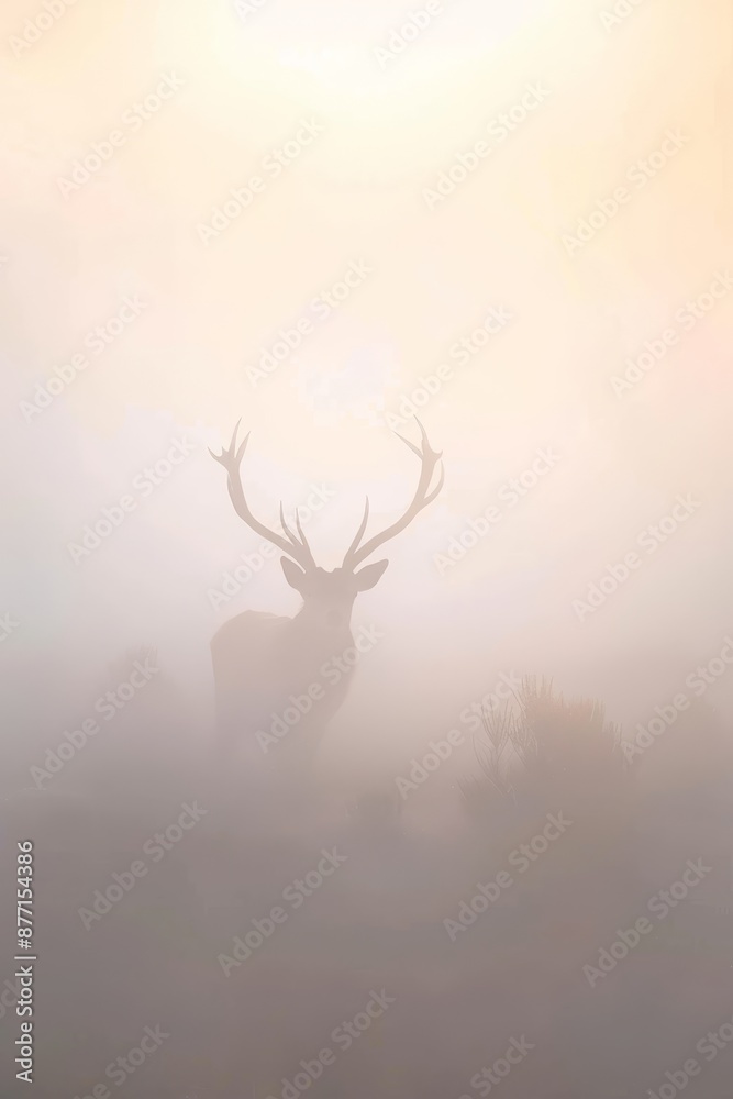 Obraz premium A deer stands in a foggy field with the sun illuminating the fog behind, casting its antlers into silhouette