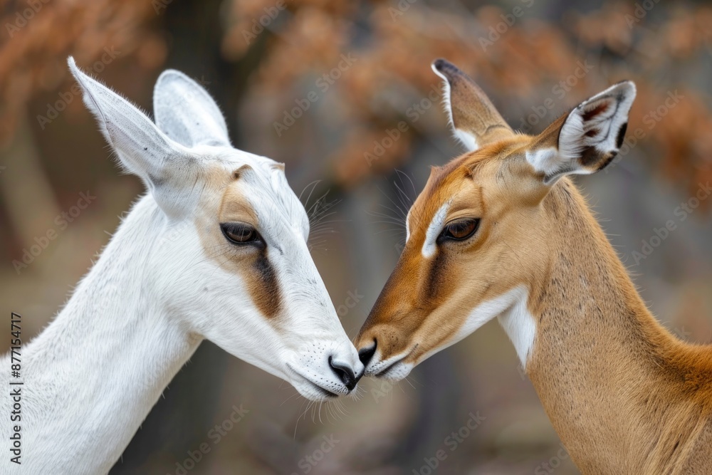 Fototapeta premium Close-up side view of a White Impala with a Brown Impala