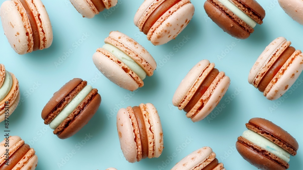 Colorful Macarons on a blue background, a pattern of French cookies. Beige and brown French macarons on a mint blue background. Perfect Valentine's Day gift. Colorful Macarons on a blue background, a pattern of French cookies. Beige and brown French macarons on a mint blue background. Perfect Valentine's Day gift.