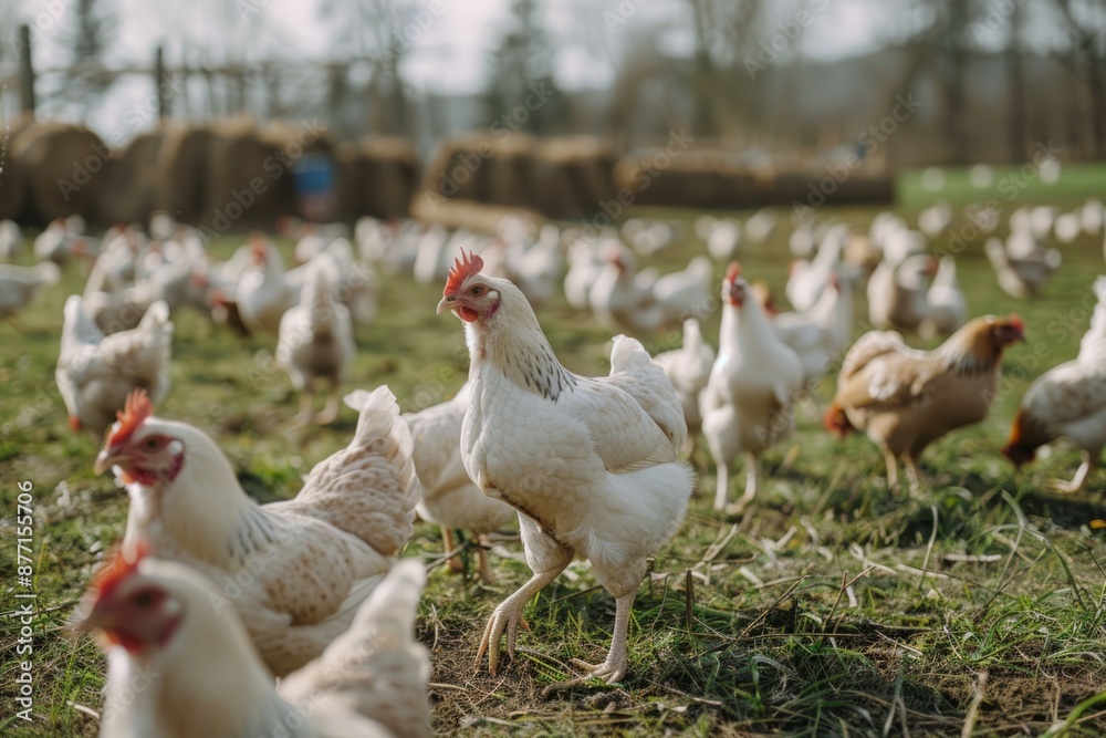 Fototapeta premium Close-up view. Large group of free range organic chickens scratching for food on a farm