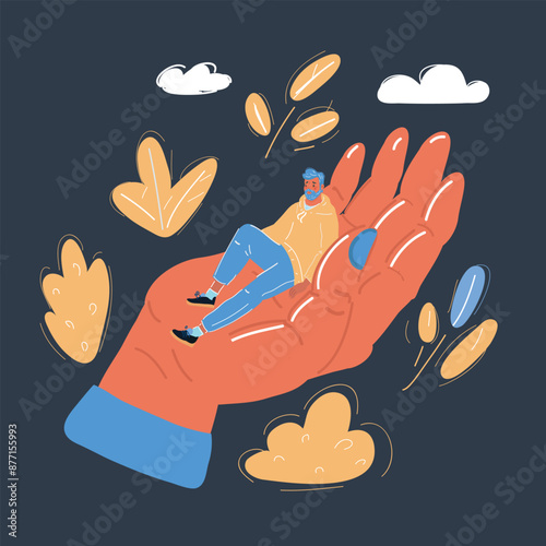 Cartoon vector illustration of Giant female hands holding tiny man. Support and control concept of health care on dark background.