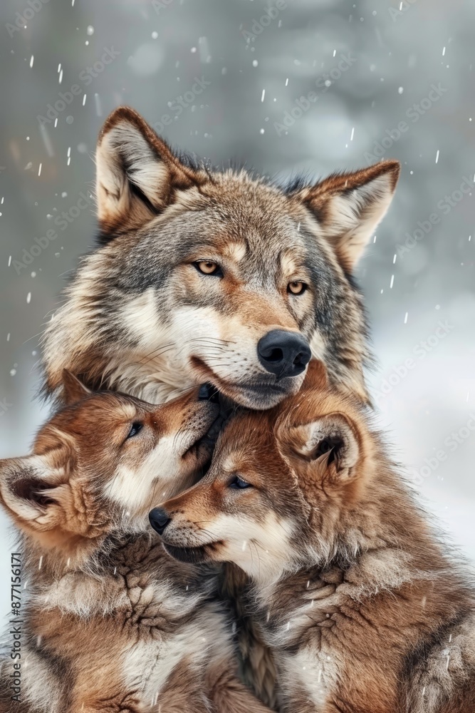  A trio of wolves huddles in the snowfall, surrounded by trees and falling snow