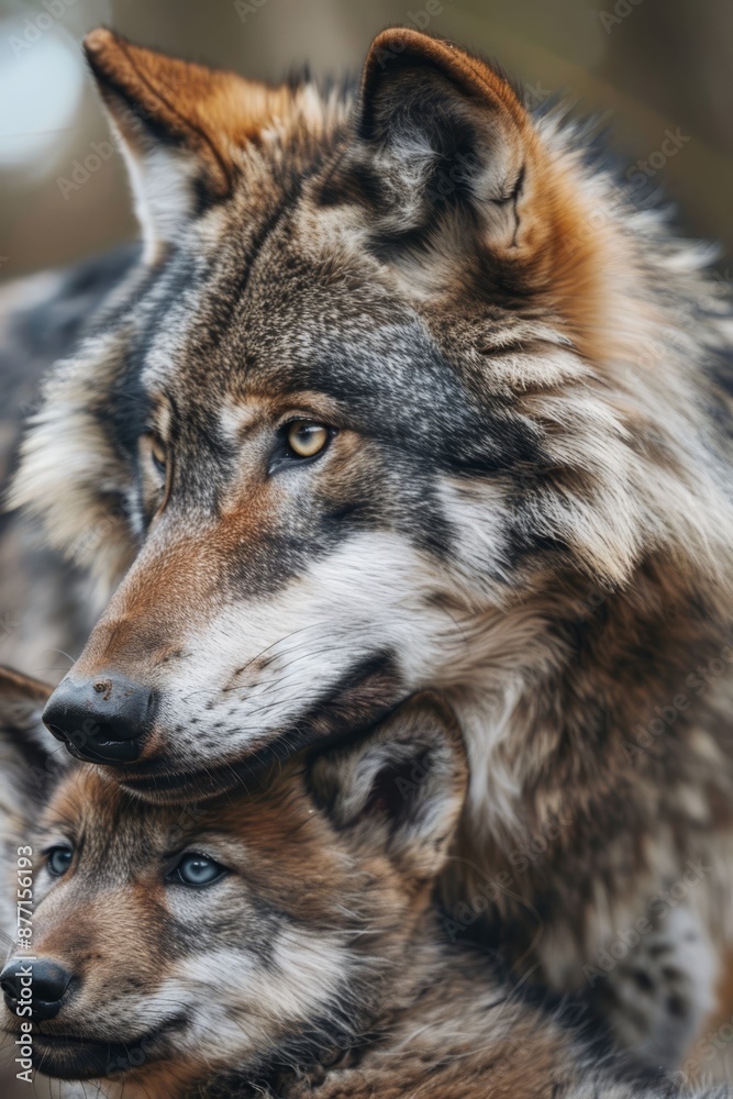 Two wolves stand side by side atop a verdant forest, teeming with numerous trees Two wolves stand side by side atop a verdant forest, teeming with numerous trees