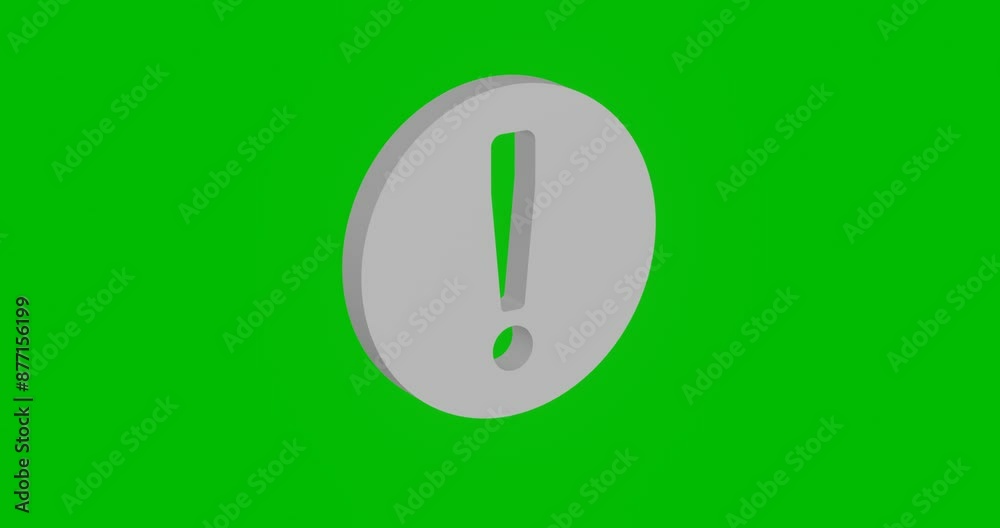 Animation of rotation of a white attention symbol with shadow. Simple and complex rotation. Seamless looped 4k animation on green chroma key background Animation of rotation of a white attention symbol with shadow. Simple and complex rotation. Seamless looped 4k animation on green chroma key background